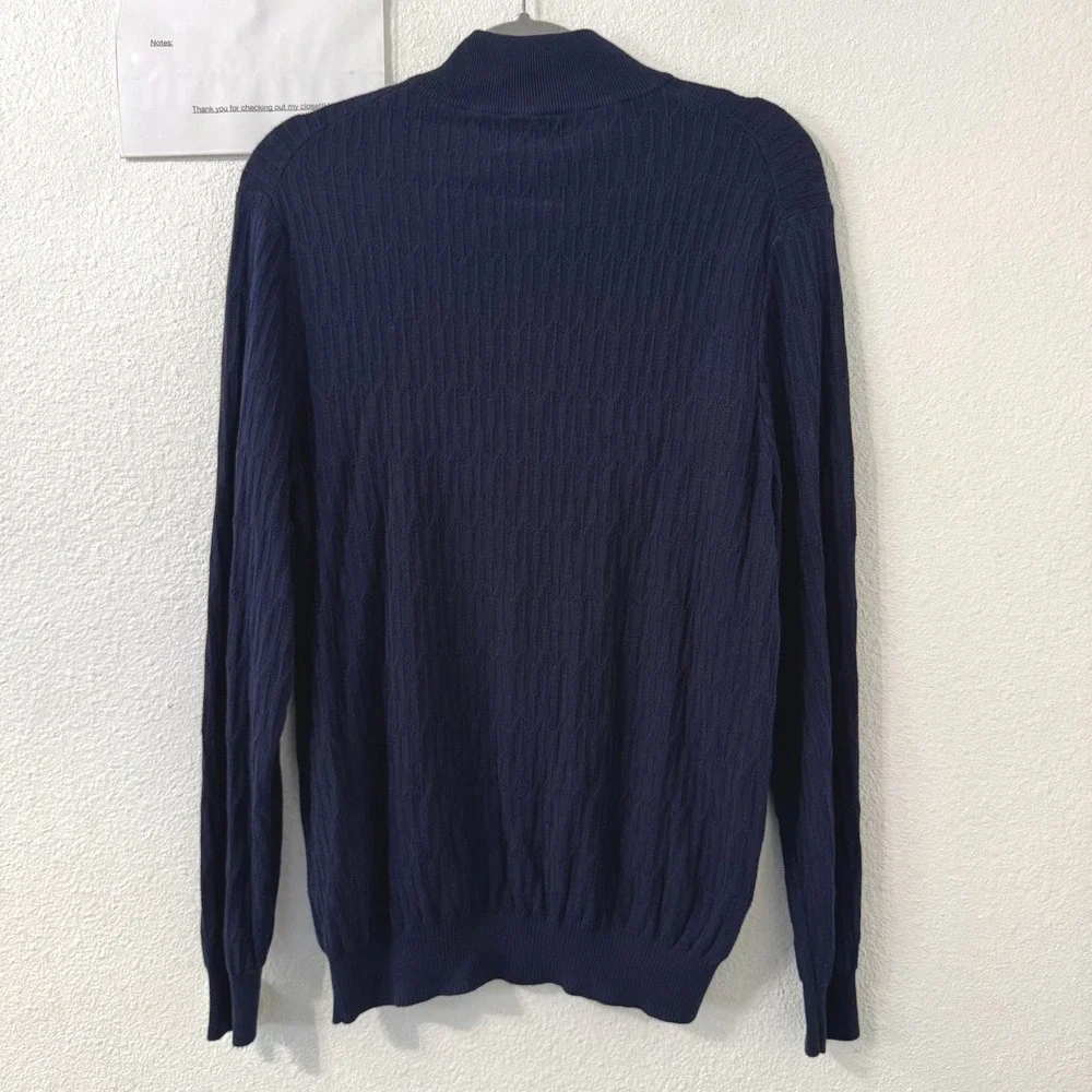 Tasso‎ Elba Mens Sweater Large Navy Blue Supima Cotton Cable Knit Mock Neck
